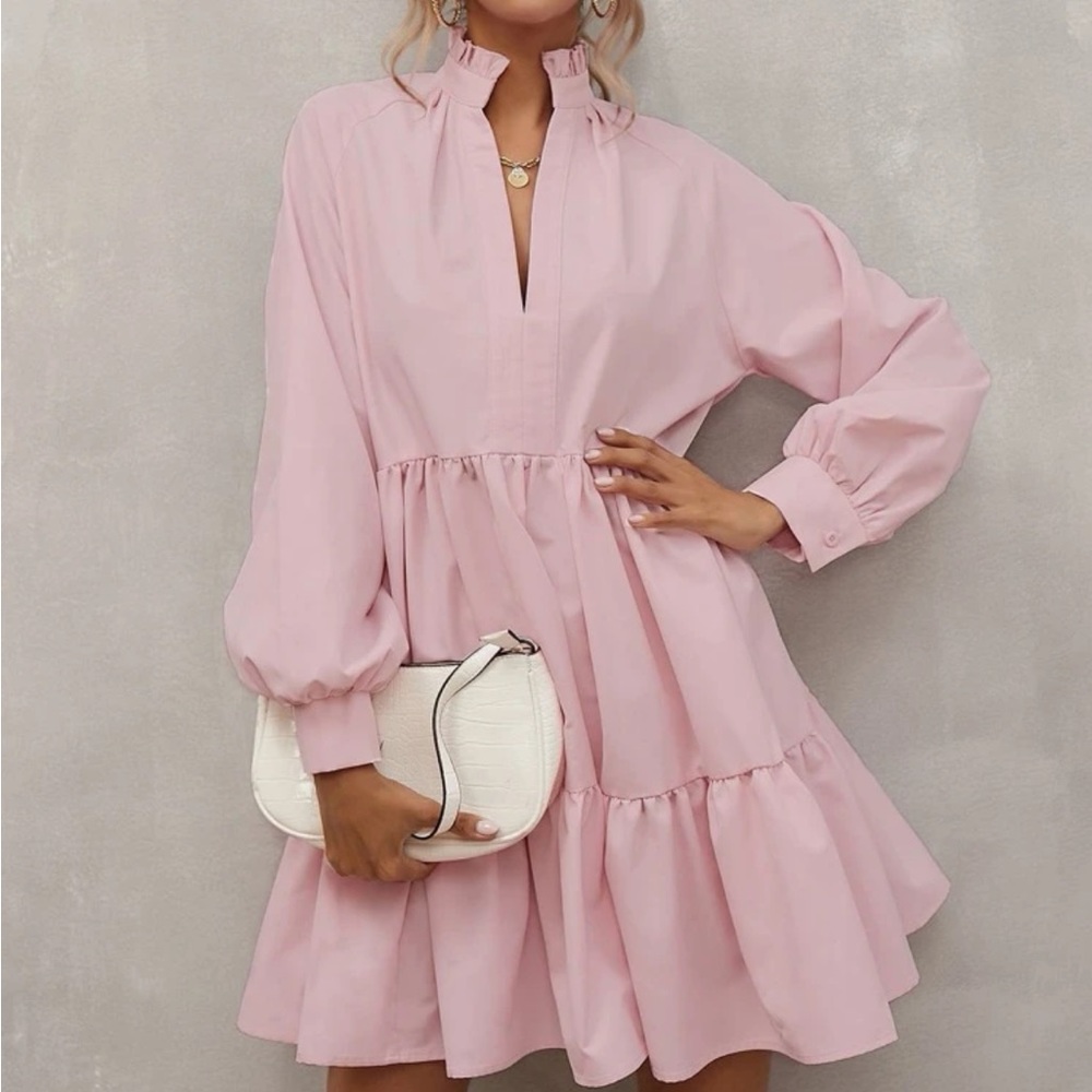Boho lantern sleeve notched neck dress